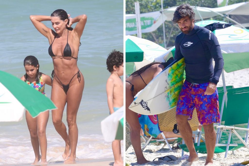 Deborah Secco com a família na praia da Barra da Tijuca e mostrando a boa forma