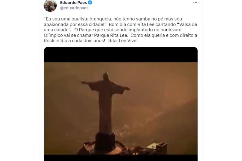 Post do prefeito do Rio de Janeiro, Eduardo Paes, sobre a criação do Boulevard Rita Lee