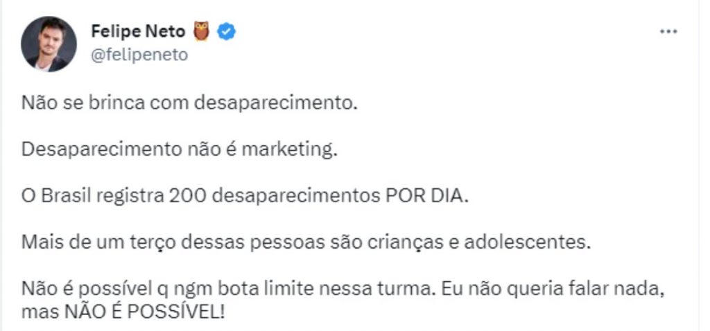Print Felipe Neto criticando Pipokinha