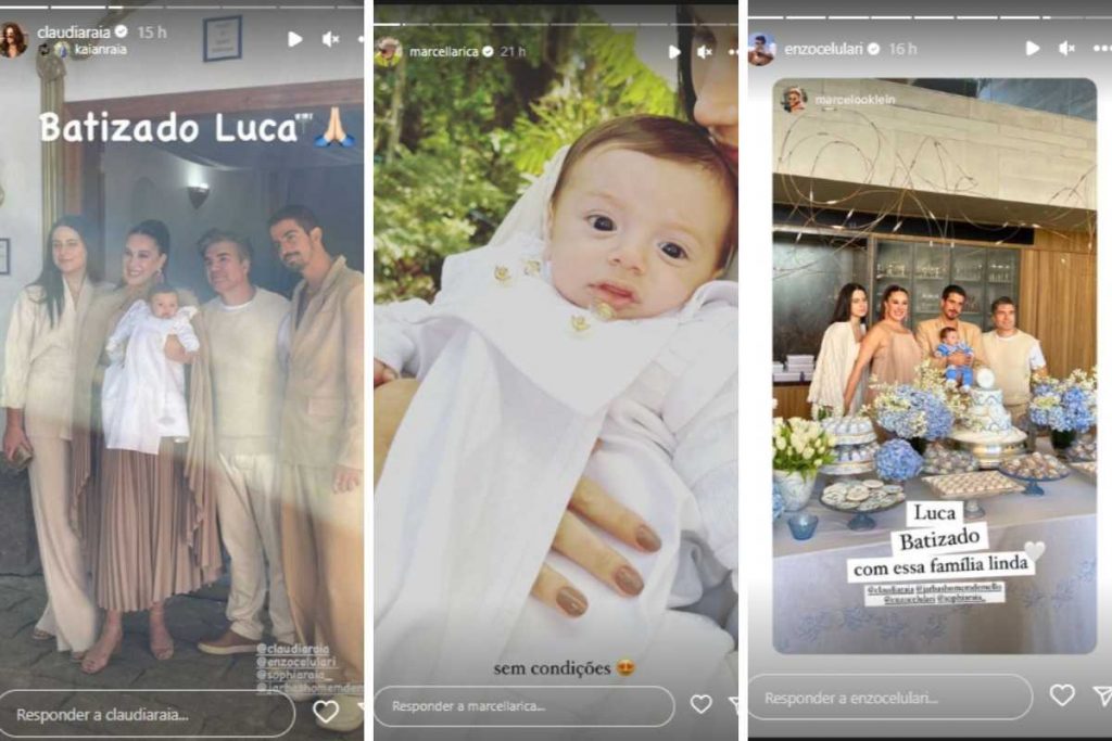 Fotomontagem de stories mostrando batizado de Luca, filho de Claudia Raia e Jarbas Homem de Mello