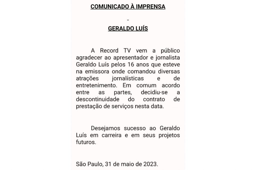 comunicado da record sobre saída de geraldo luís