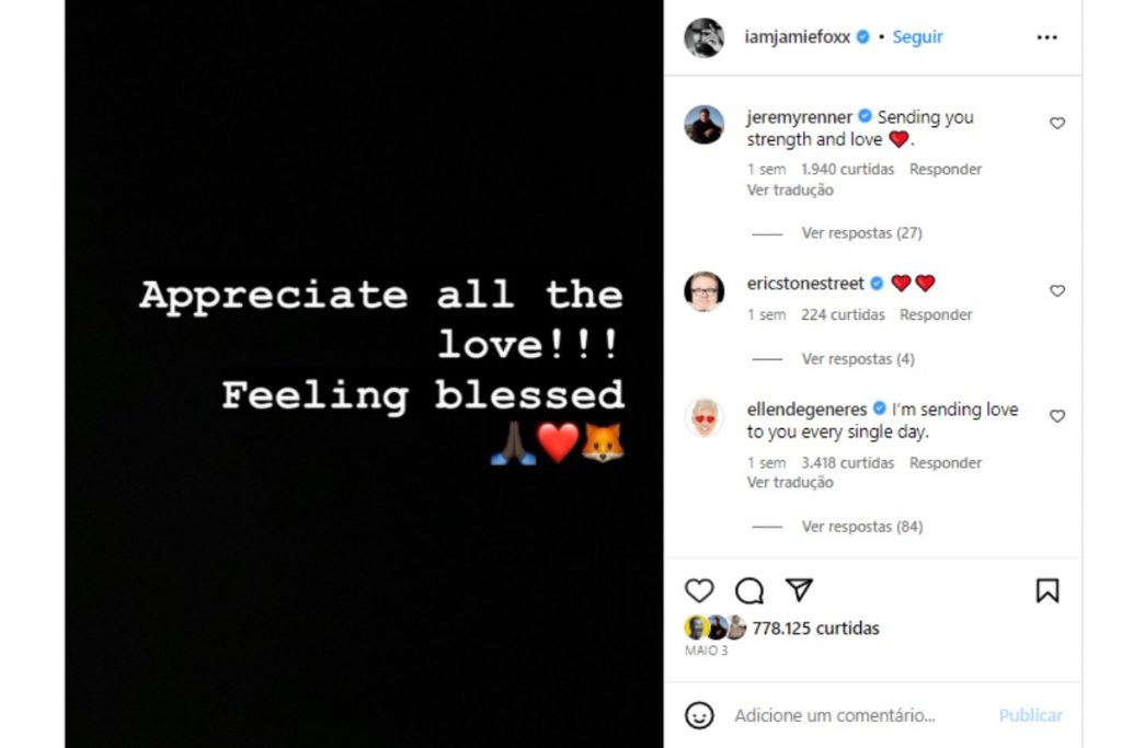 jamie foxx agradecendo apoio dos fãs no instagram