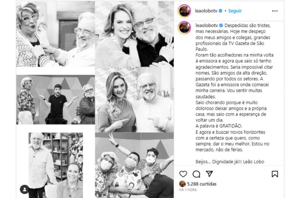 Leão Lobo anunciando que deixou a TV Gazeta no Instagram