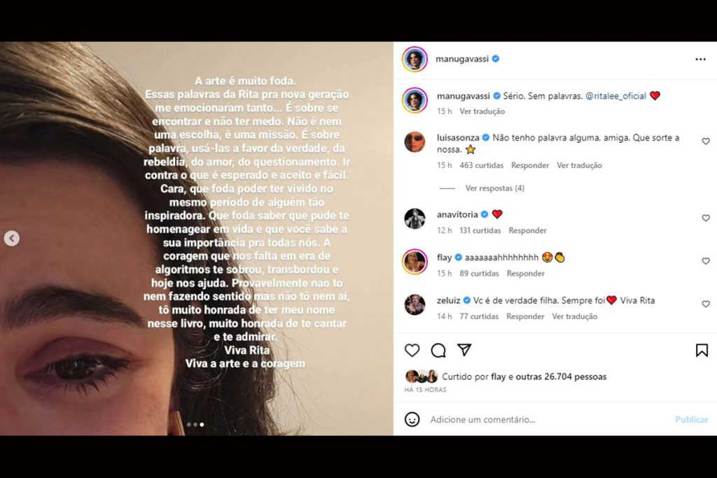 Manu Gavassi se emocionou ao ser citada na biografia de Rita Lee