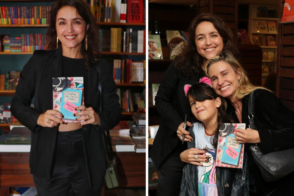 Manuela Dias com seu livro e com a filha, Helena e Paula Burlamaqui