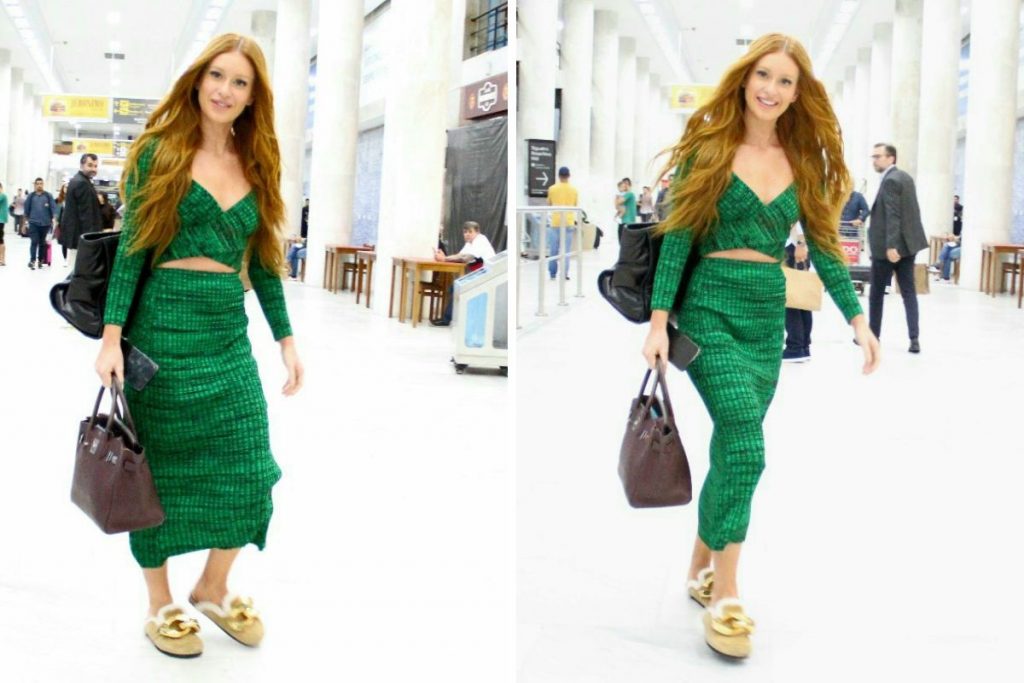 Marina Ruy Barbosa com look todo verde em aeroporto no Rio de Janeiro