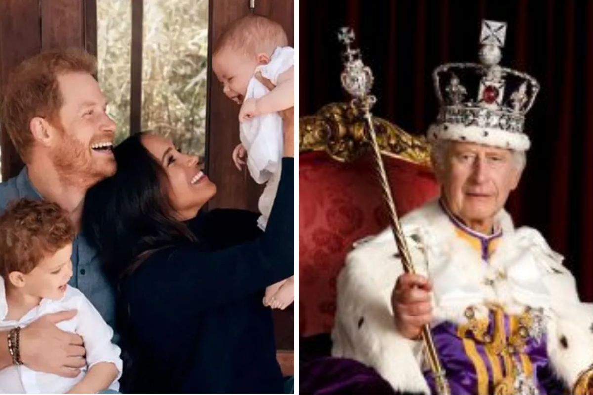 Fotomontagem Príncipe Harry com a família e Rei Charles III