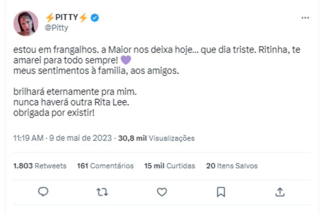 Pitty lamenta morte de Rita Lee