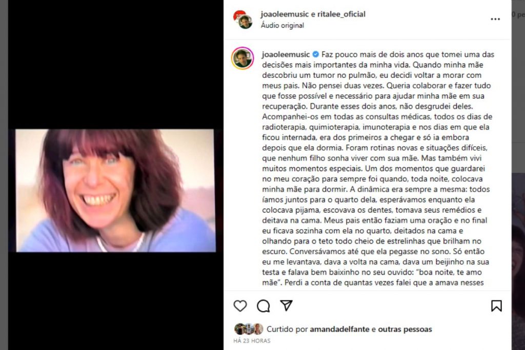 Post de João Lee homenageando a mãe, Rita Lee