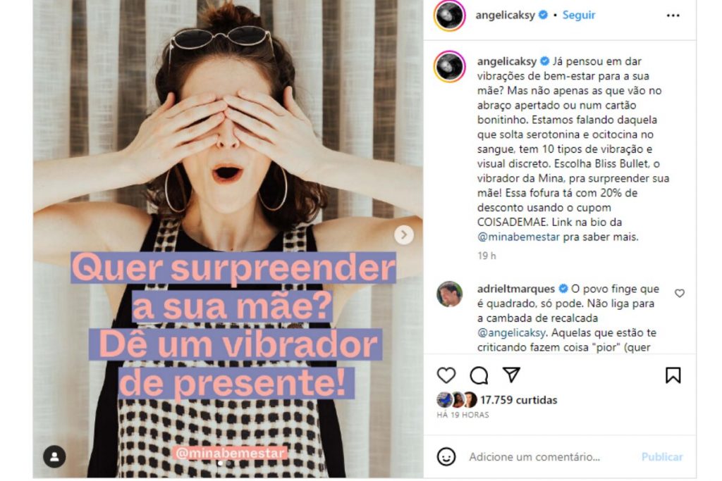 Postagem de Angélica sobre vibrador