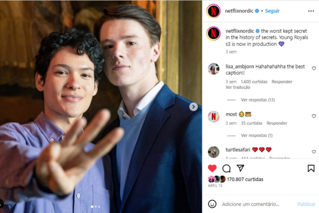 Postagem de Youg Royals no Instagram da Netflix nóricar