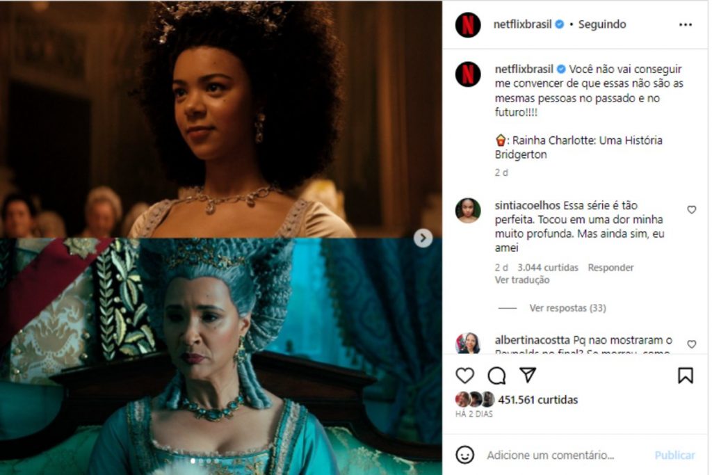 Postagem de duas versões da Rainha Charlotte no Instagram da Nteflix