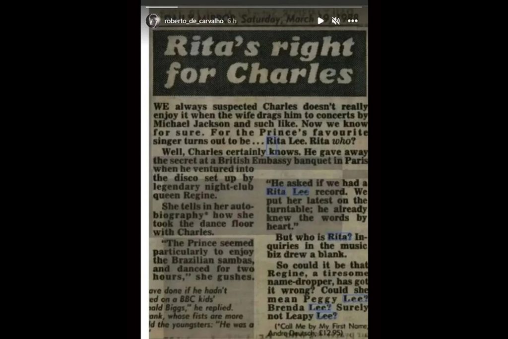 Roberto de Carvalho relembrou uma matéria que dizia que Rei Charles era fã de Rita Lee