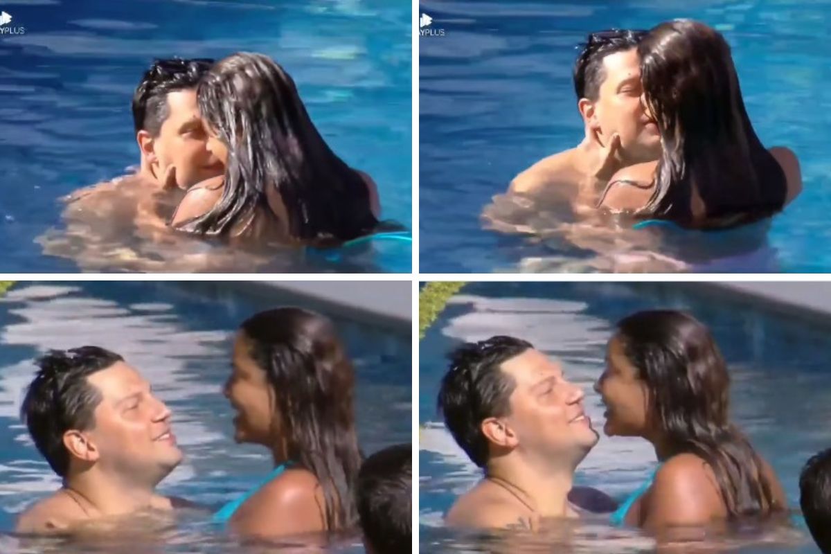 A Grande Conquista - Thiago Servo e Gyselle quase beijando na piscina