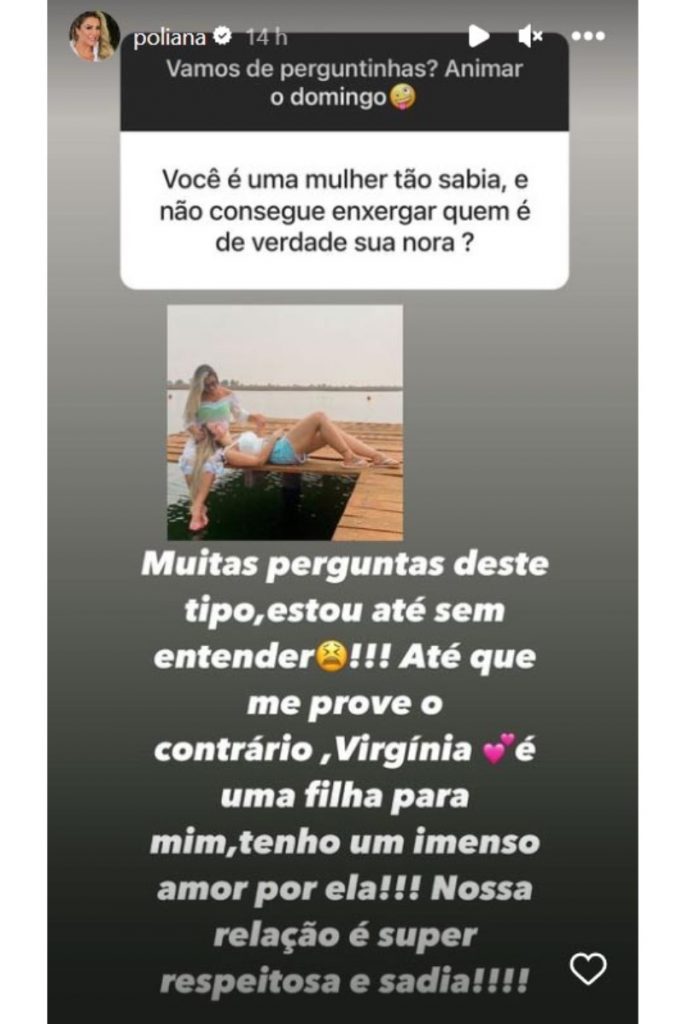 Stories do Instagram de Poliana Rocha defendendo Virginia Fonseca de acusações