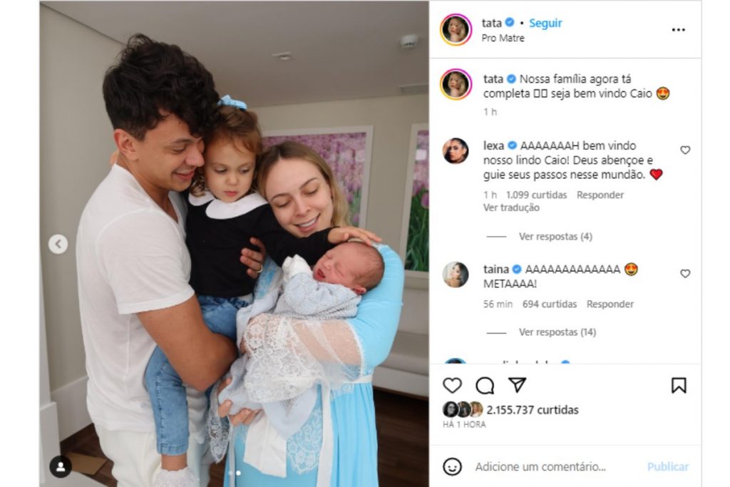 Tata Estaniecki revelando nascimento do filho Caio no Instagram