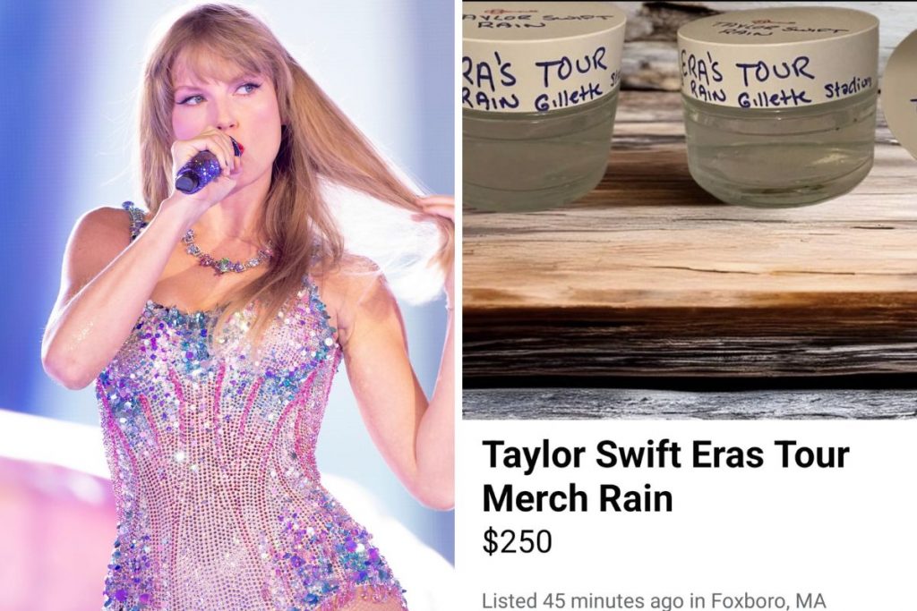 Taylor Swift e potes de água da chuva de show