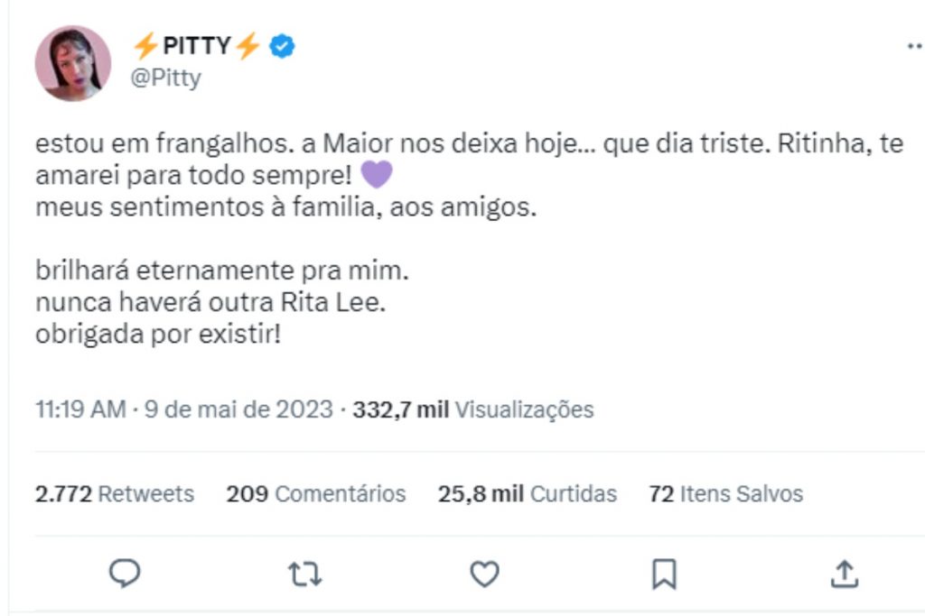 Pitty homenageando Rita Lee no Twitter