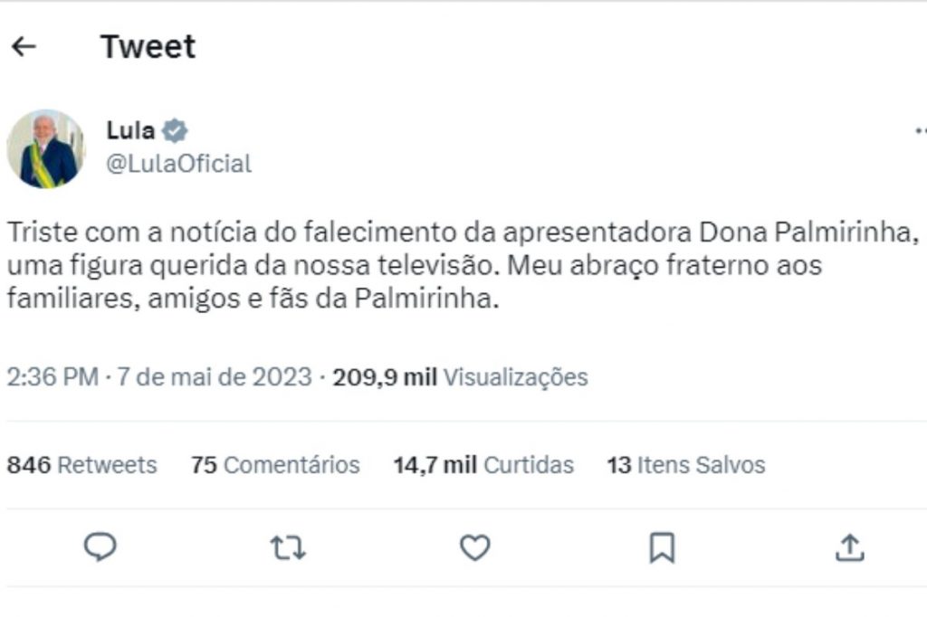Tweet presidente Lula sore morte de Palmirinha 