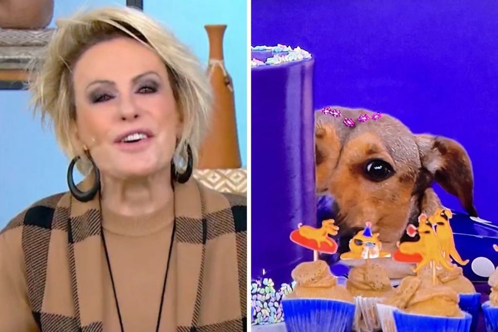 Ana Maria Braga e cachorro devorando bolo no programa