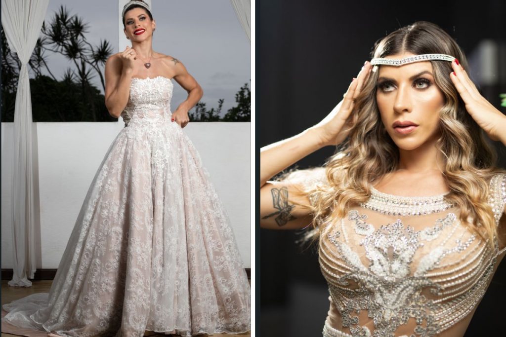 Ana Paula Minerato com vestido de noiva ombro a ombro e ajeitando grinalda dourada na cabeça