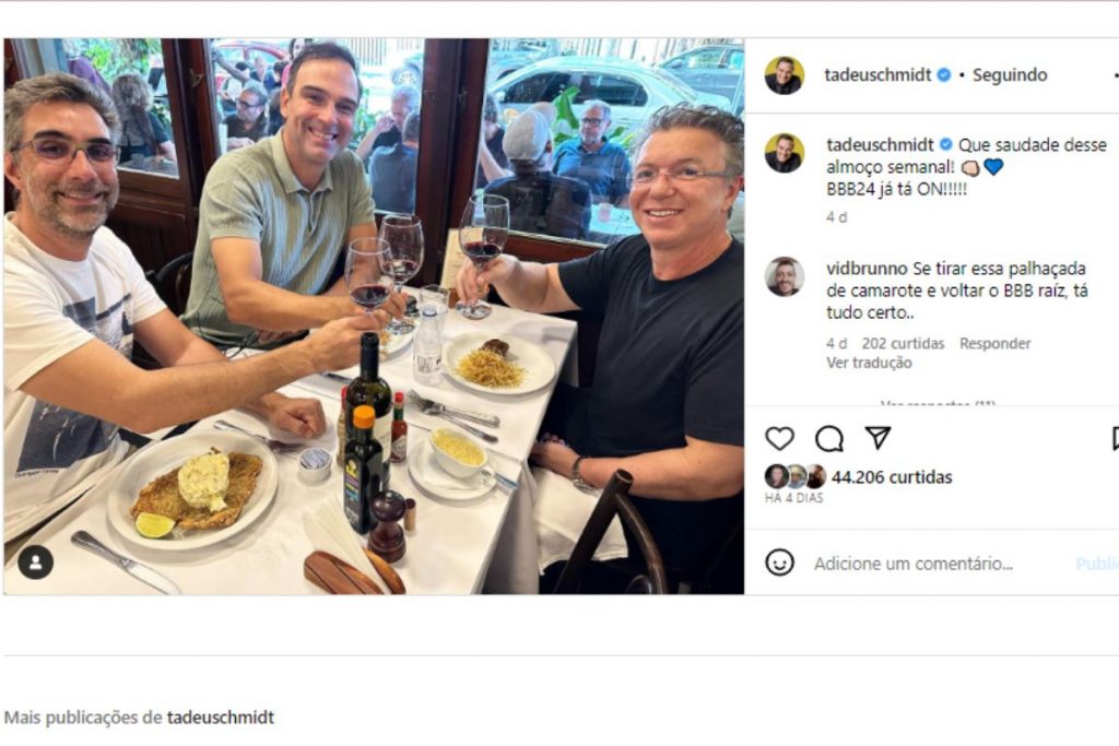 Boninho, Tadeu Schmidt e Rodrigo Dourado em reunião no Instagram