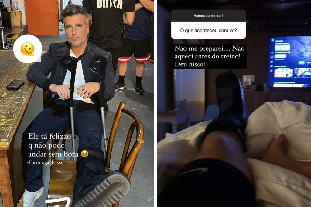 Bruno Gagliasso e muletas e bota ortopédica