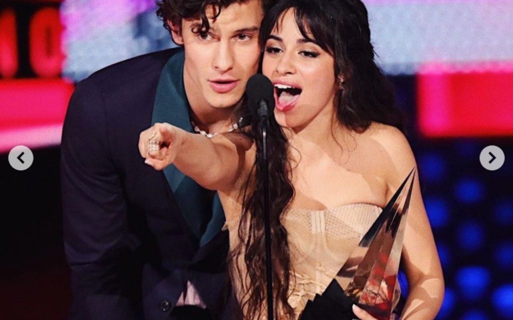 Camila Cabello and Shawn Mendes on stage at the 2019 MTV Music Awards, 