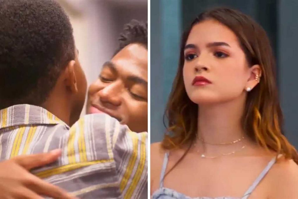 fotomontagem de yuri (jean paulo campos) e vini (guthierry sotero) se abraçando e guiga (mel maia) brava em vai na fé