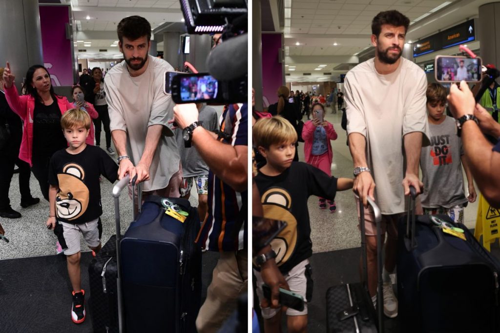 Gerard Piqué com os filhos em aeroporto de Miami