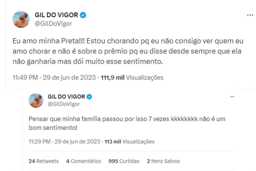 Gil do Vigor falou no Twitter, após a eliminação da irmã em A Grande Conquista