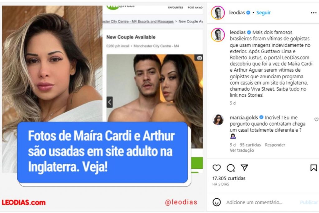 Leo Dias revelando uso de fotos de Arthur Aguiar e Miara Cardi