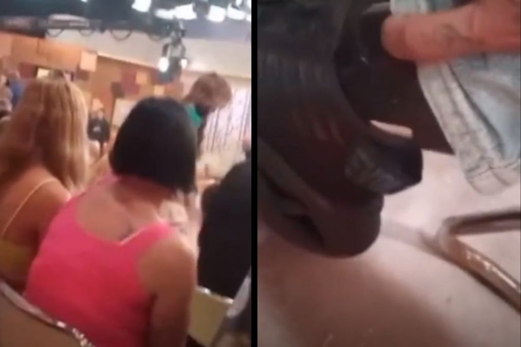 Homem mostra Patrícia Poeta interagindo com a plateia e mostra arma no tornozelo