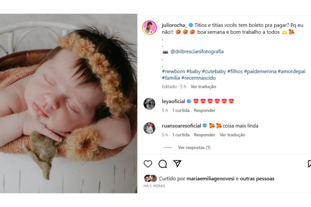 Post do ensaio newborn de Sarah, filha do ator Julio Rocha com a veterinária Karoline Kleine