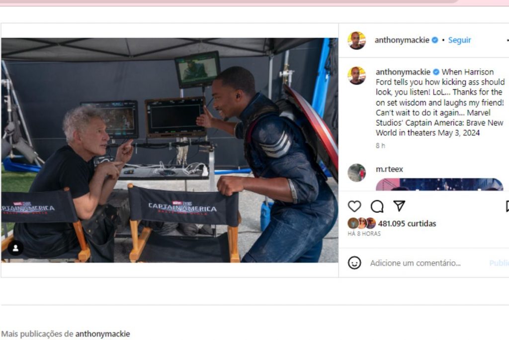 Postagem no Instagram de Harrison Ford e Anthony Mackie no set de filmagens de Capitão América 4
