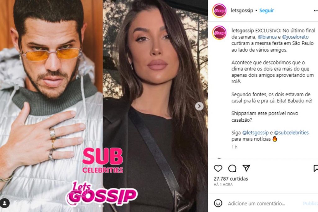 Postagem no Instagram de rumor de romance entre José Loreto e Bianca Andrade