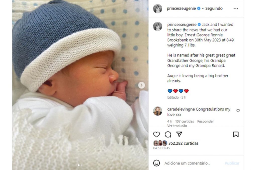 Princesa Eugenie anunciando nascimento do filho Ernest George no Instagram
