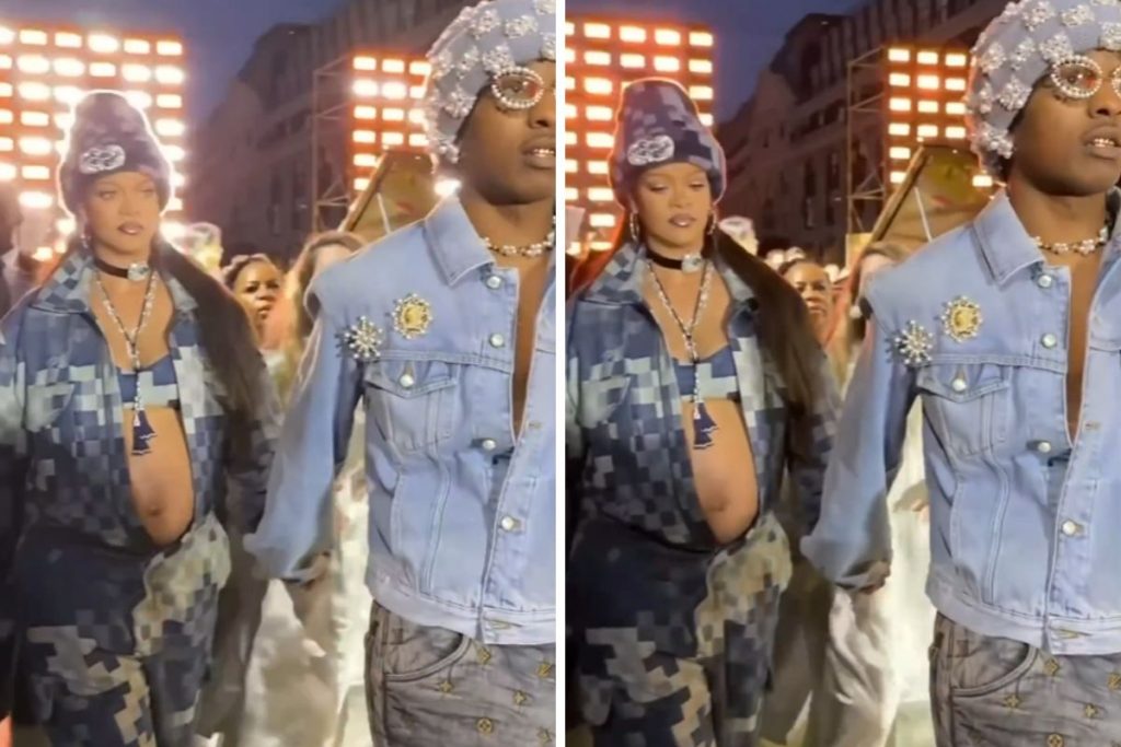 Rihanna e A$AP Rock com looks combinando, em desfile da Louis Vuitton
