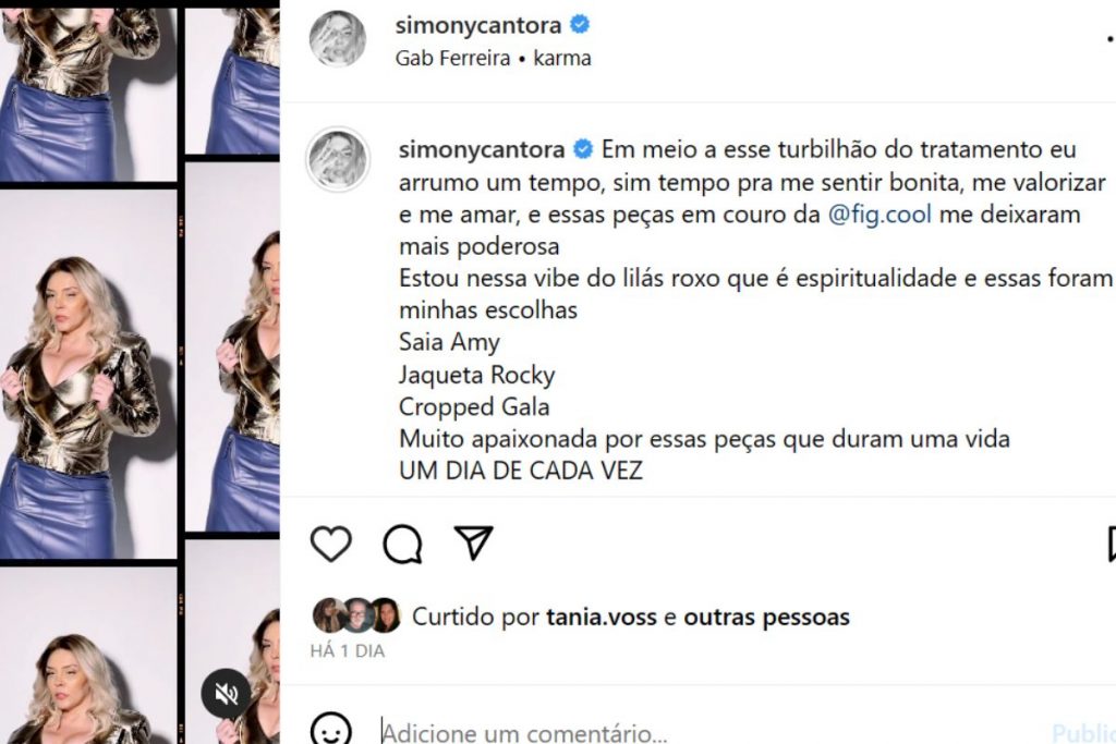 Posta da cantora Simony com vídeo de uma das partes do ensaio fotográfico que fez