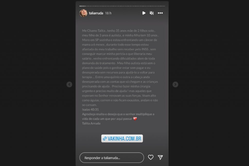 Talita Arruda pedindo doações nos stories do Instagram