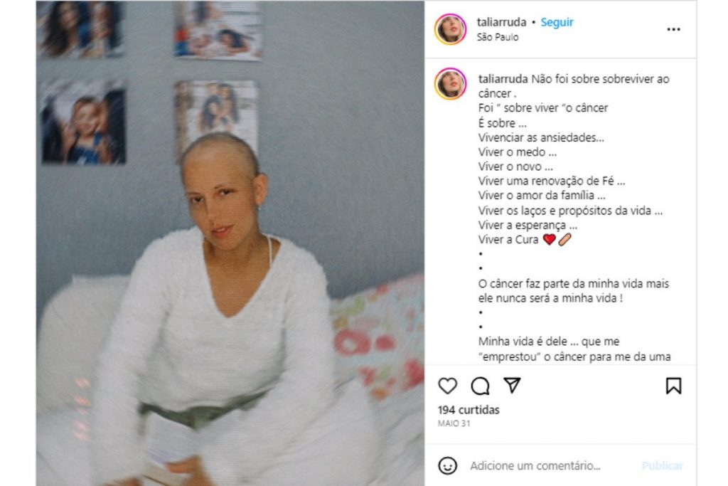Talita Arruda falando de luta contra o câncer no Instagram