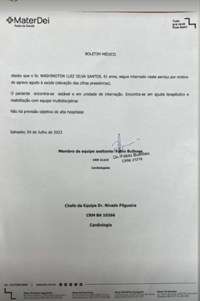 Boletim médico Compadre Washington