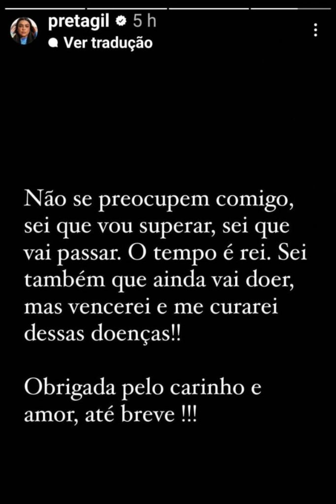 Post de Preta Gil, que se ausentará das redes sociais para cuidar da saúde