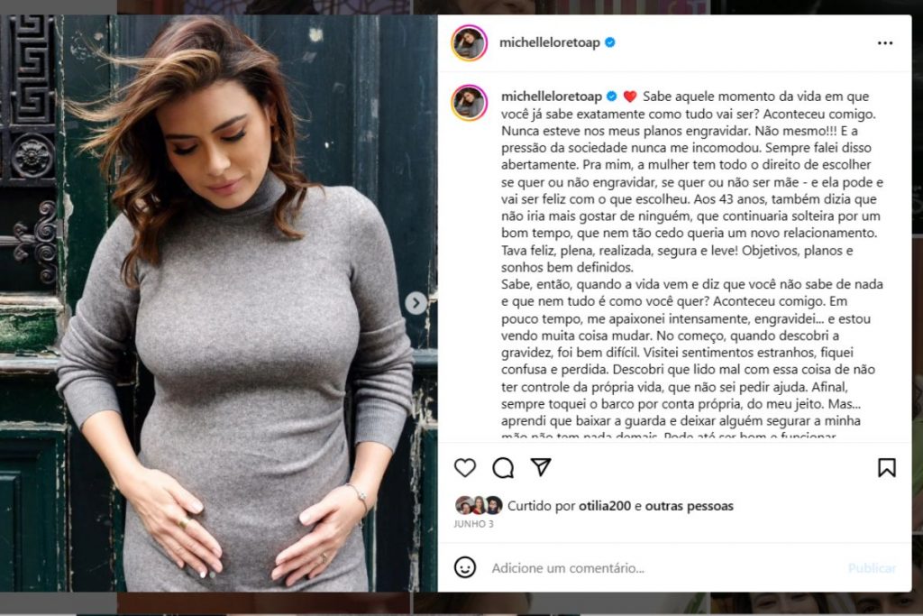 Post de Michelle Loreto revelando gravidez