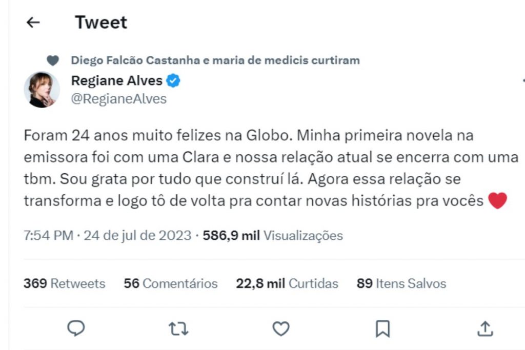 Post de Regiane Alves sobre sua saída da Globo