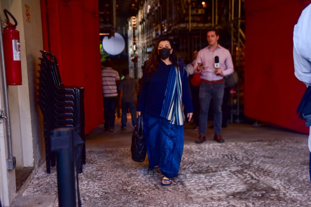 Regina Casé chegou ao local usando máscara de proteção