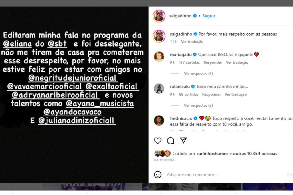 Salgadinho reclama do programa Eliana em post