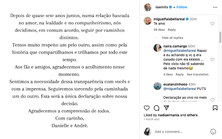 Danielle Winits anuncia divórcio e Miguel Falabella dispara: ‘Te amo’