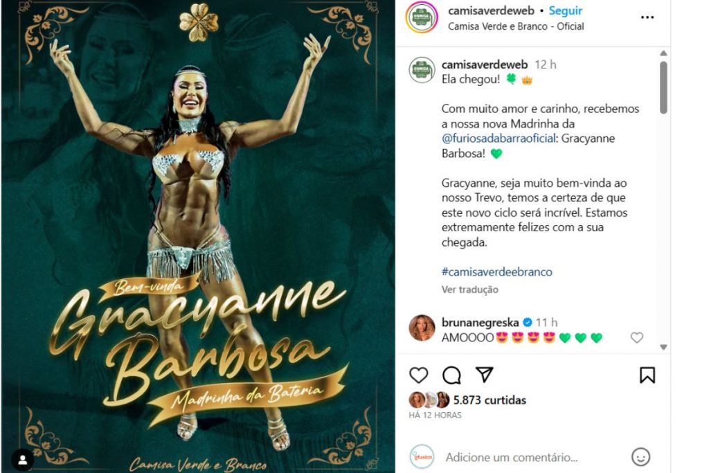 Boas vindas à Gracyanne Barbosa como Madrinha de Bateria da Camisa Verde e Branco