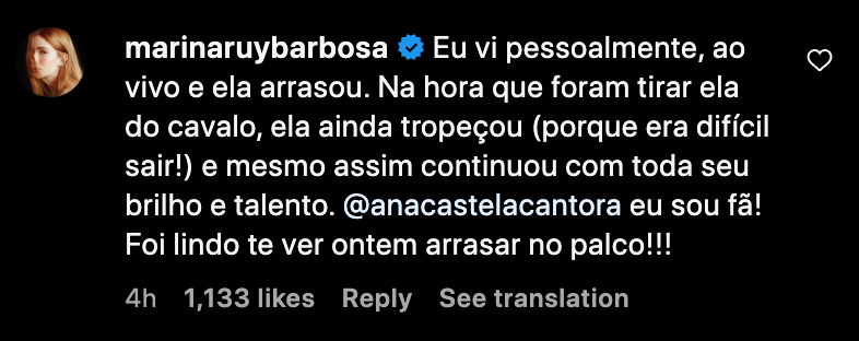 Comentário de Marina Ruy Barbosa em defesa de Ana Castela